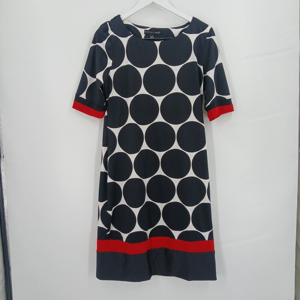 womans Madison Leigh Black & White Polka Dot Shift Dress Red Hem Size 12